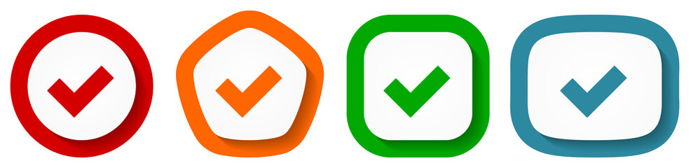 Accept vector icon set, tick flat design buttons on white background