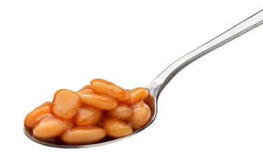Spoon of baked beans in tomato sauce isolated on white background