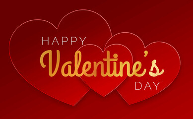 Happy Valentine’s day. Text with golden and white letters and red hearts on a red background. Congratulations for February 14.