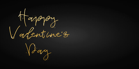 Happy Valentine’s day. Text with golden glitter letters on a black background with copy space. Congratulations for February 14.