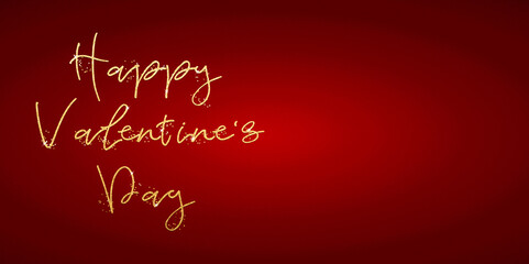 Happy Valentine’s day. Text with golden glitter letters on a red background with copy space. Congratulations for February 14.