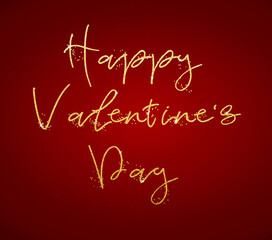 Happy Valentine’s day. Text with golden glitter letters on a red background. Congratulations for February 14.