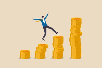 Fotobehang Compound interest, money growth investment, prosperity or earning and profitability stock concept, happy businessman investor jumping on stack of growth compound money coins. © Nuthawut