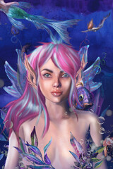 A 3D fantasy illustration with a main mermaid underwater and other mermaids swimming in the background. This is a fictional character. 