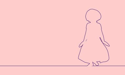 Silhouette of pretty little girl wearing dress. Thin line style