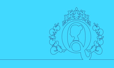 Vintage queen silhouette. Medieval queen profile. Elegant silhouette of a female head. Royal emblem with Q letter decorated by floral pattern. Thin line style