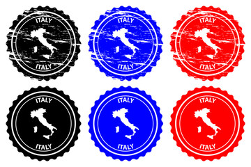 Italy - rubber stamp - vector, Italy map pattern - sticker - black, blue and red