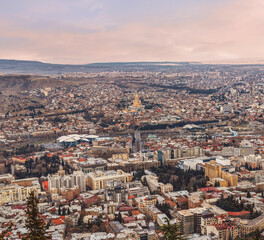 Tbilisi, Georgia. Aerial panorama cityscape. Landmarks and old town 
