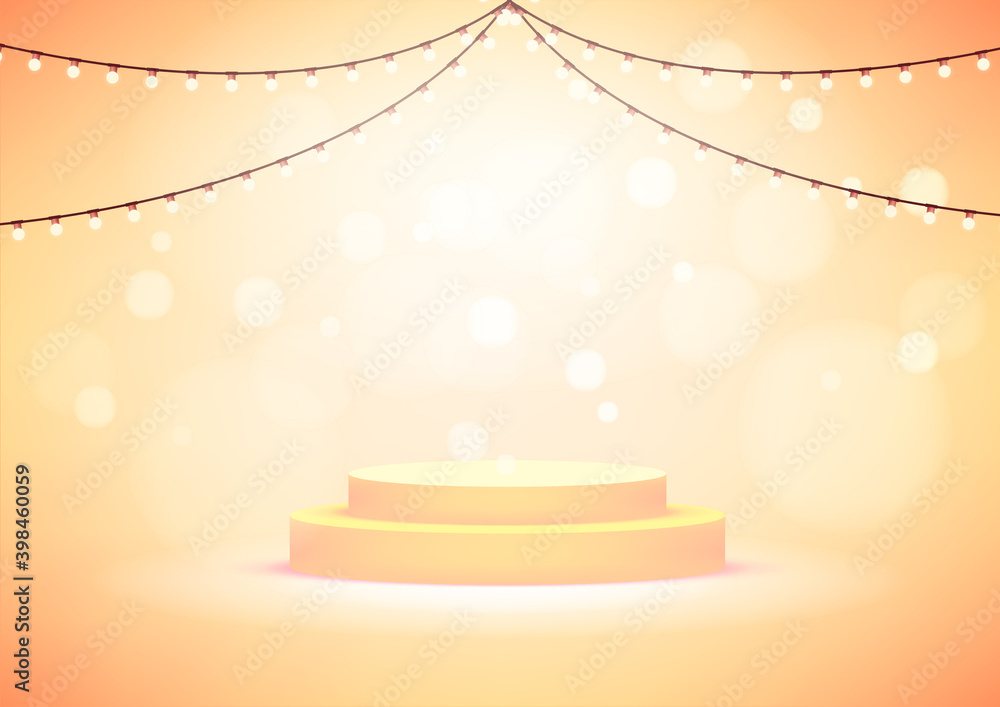 Poster empty round stage or podium illuminated by light bulbs. yellow studio background for product display