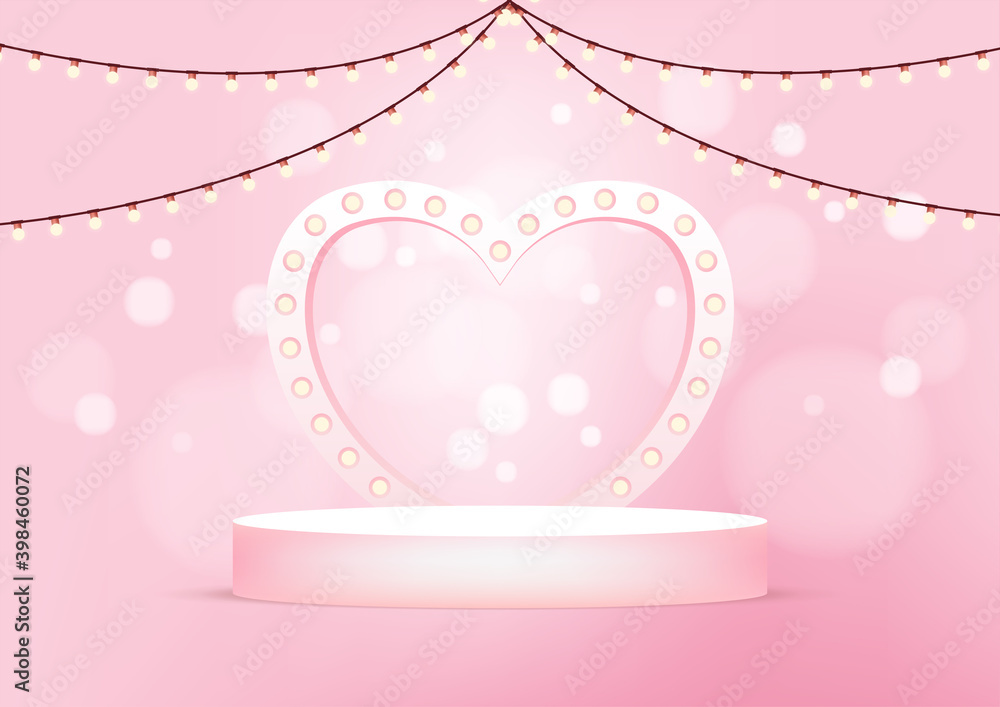 Poster empty round stage with heart shaped arch illuminated by light bulbs. pink studio background for prod
