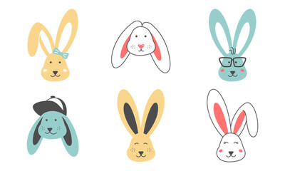 Set of eight cute rabbits in bright colors. Funny doodle bunny