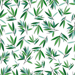 Naklejka na ściany i meble Seamless background with bamboo leaves and branches. Drawing of parts of bamboo and sections of branches and leaves.