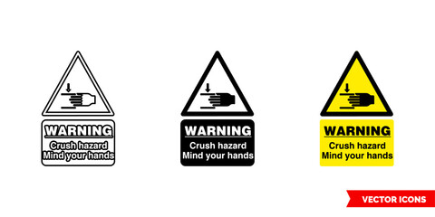 Warning crush hazard mind your hands hazard sign icon of 3 types color, black and white, outline. Isolated vector sign symbol.