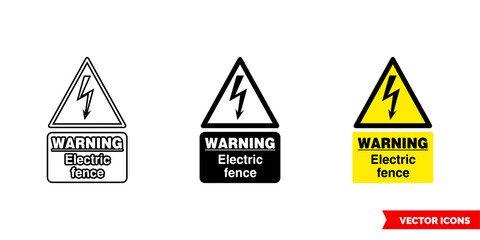 Warning electric fence hazard sign icon of 3 types color, black and white, outline. Isolated vector sign symbol.