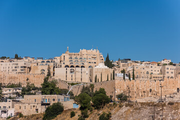 Historic buildings and skylines, and the wall of old city of Jerusalem on the top of Temple mount, View from Mount of Olives.