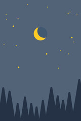Night landscape with forest, starry sky. Flat style. Design illustration.