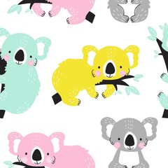 Seamless pattern with colored Koala babies on a white background. Vector illustration in a modern cartoon style, for printing on packaging paper, postcard, poster, banner, clothing