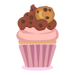 Cute cartoon cupcake with a chocolate chip cookie and pieces of chocolate in paper case. Creamy fancy decorated dessert. Vector illustration isolated, white background. Romantic, glamuor sweet pastry