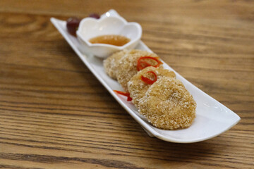 close up deep-fried shrimp cakes. Traditional Thai food