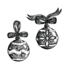 Hand drawn black and white crosshatch vector illustration of two Christmas baubles with different designs, with bows and ribbon.