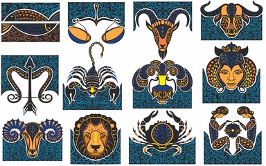Fototapeta na wymiar Set of zodiac signs icons. Aries, leo, gemini, taurus, scorpio, aquarius, pisces, sagittarius, libra, virgo, capricorn and cancer. 