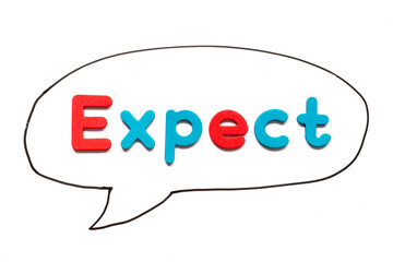 Alphabet letter with word expect in black line hand drawing as bubble speech on white board background