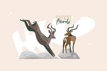 Hand drawn vector stock abstract flat graphic illustration with African wild running gazelle and antelope collection set,cartoon animal design isolated on white background