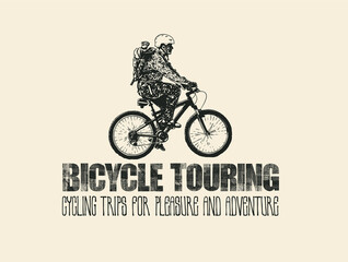 Design T-shirt Print Bicycle Touring. Mountain Bike Rider And Hand-Written Fonts. Vector illustration.