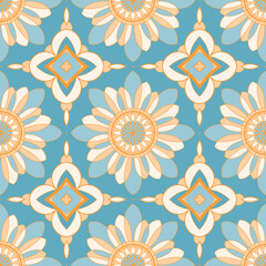 Ethnic seamless vector pattern. Blue and orange geometric flower mandalas.