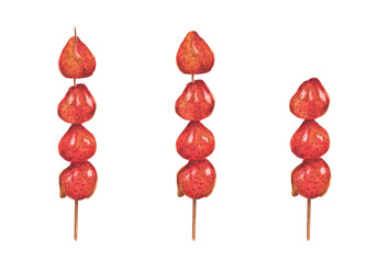 Fruit candy made of strawberry coated in sugar on a stick. Watercolor illustration.