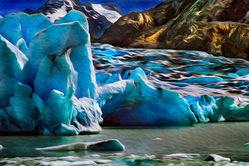 Glacier descending from the mountains towards a lake in Torres del Paine national park. A park that encompasses mountains, glaciers, lakes and rivers in southern Chilean Patagonia. Oil paint filter.	