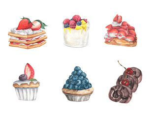 Set of delicious sweets and desserts. Watercolor illustration.