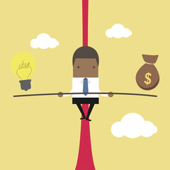 African businessman balancing on the rope with ideas and money. - obrazy, fototapety, plakaty