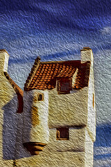 Obraz premium Detail of the upper floor and roof of a small house, in medieval burg-style, at Culross. A tiny, well-preserved ancient seaside fishing village in Scotland. Oil paint filter.