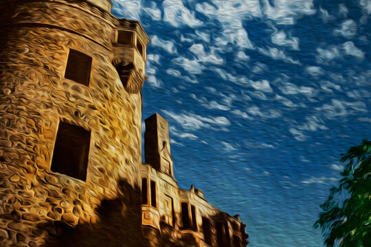 Stone walls and windows in a tower on sunset at the Huntly Castle. A small and friendly town in the countryside of Scotland. Oil paint filter.