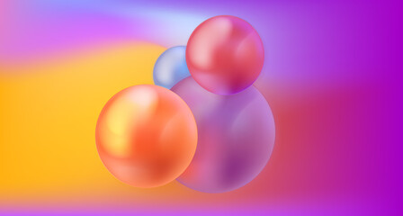 Abstract background with spheres. 3d balls. Screensaver for your phone. Realistic volumetric figures. A vibrant modern backdrop with purple and orange hues. Vector. Copy space.
