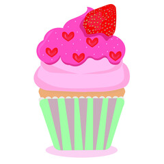 Cute cartoon cupcake with a strawberry on top. Creamy fancy decorated with red hearts and berry dessert. Vector illustration isolated on white background. Romance, love, Valentines day concept.