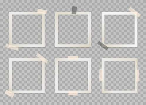 Set of square photo frames with adhesive tape. Vector 3d realistic. Mockup for modern design. Blank template on a transparent background. 6 empty beige photo cards with black and beige sticky tape.