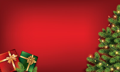 Red Christmas Holiday Banner. Decorated with christmas lights and gifts, presents christmas tree on red background. Happy New year and Merry Christmas Greeting card, frame, theme. 