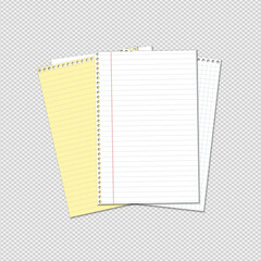 White and yellow stacked lined note, notebook paper are on grey background for text, advertising or design. Vector illustration