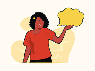 Young woman show text box, speech bubble and copy space concept