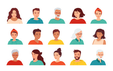 Set of avatars of smiling people of different ages and nationalities. Various faces icons. Isolated vector illustration.
