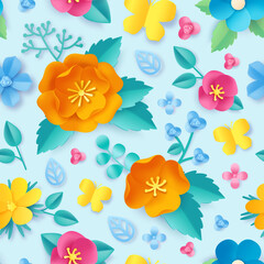 Paper cut flower pattern. Spring orange poppy, wildflower, leaves and butterfly. Meadow blossom 3d origami. Floral vector seamless wallpaper