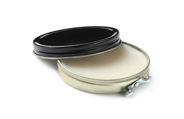 Can of wax polish isolated on white. Shoe care item
