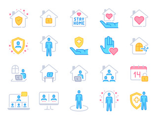 Stay home icons. Pandemic quarantine, covid outbreak prevention and work from home colorful line icon. Safety under house roof vector set
