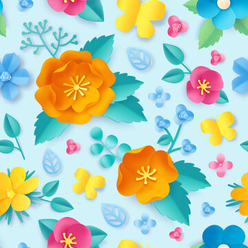Paper cut flower pattern. Spring orange poppy, wildflower, leaves and butterfly. Meadow blossom 3d origami. Floral vector seamless wallpaper