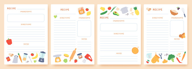 Recipe cards. Pages for culinary book decorated with ingredients and kitchen utensils. Food preparation icons. Cook card template vector set