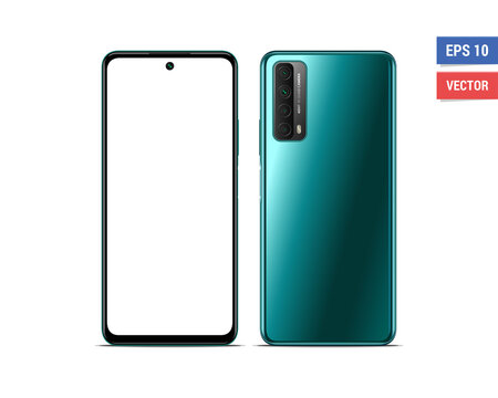 Realistic vector flat mock-up Huawei P Smart 2021 with blank screen isolated on white background. Scale image any resolution