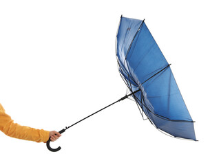Woman with umbrella caught in gust of wind on white background, closeup
