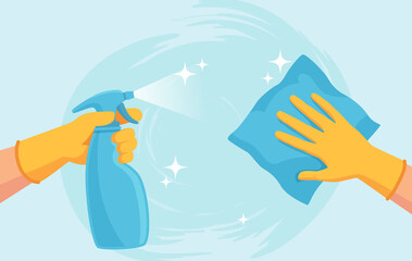 Cleaning surface. Hands in gloves clean with spray and wipe. Sanitizing home from virus and bacteria. Coronavirus prevention vector concept - obrazy, fototapety, plakaty